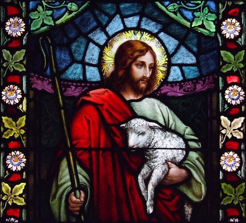Jesus Holding a Lamb — Red, Serene, Painting