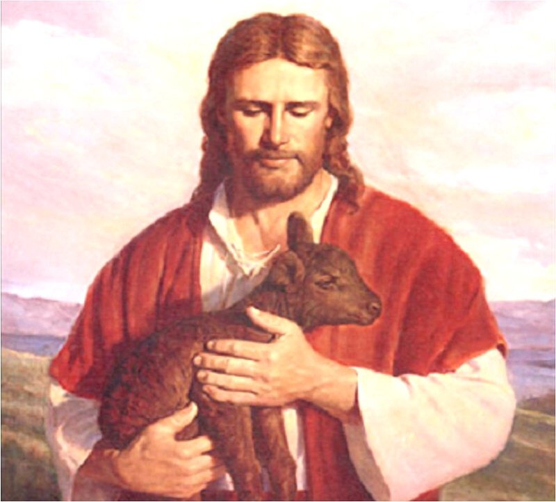Jesus Holding a Lamb — Red, Serene