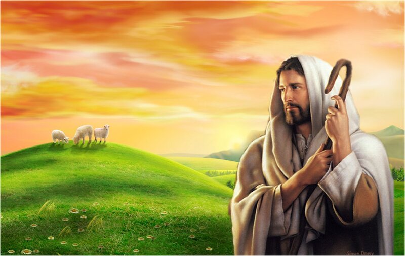 Jesus Holding a Staff — Green, Serene, Sunset