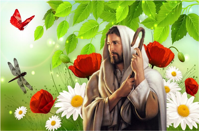 Jesus Holding a Staff — Green, Serene