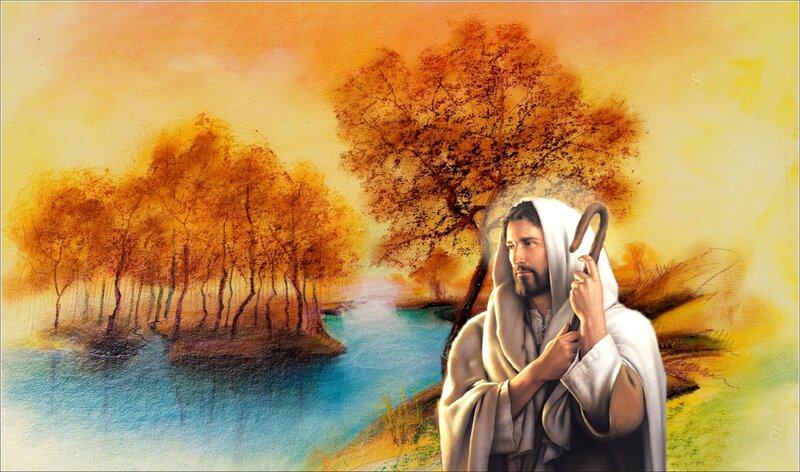 Jesus Holding a Staff — Orange, Serene, Sunset