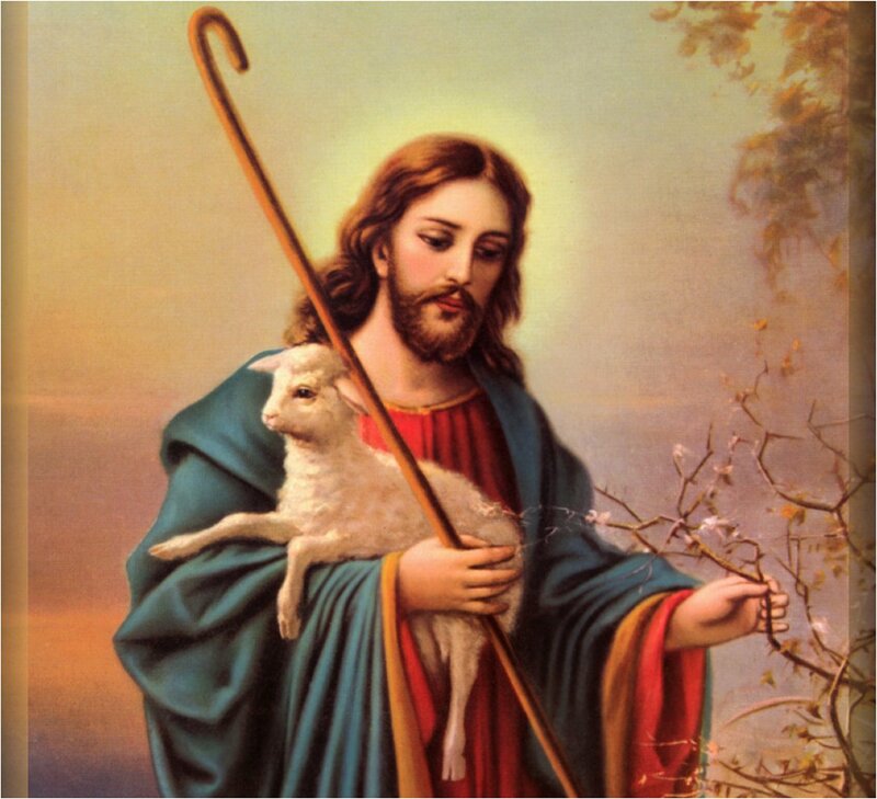 Jesus Holding Lamb — Blue, Serene, Painting