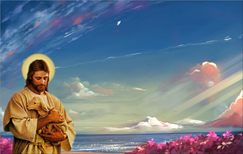 Jesus Holding Lamb — Blue, Serene, Sunset, Digital Art