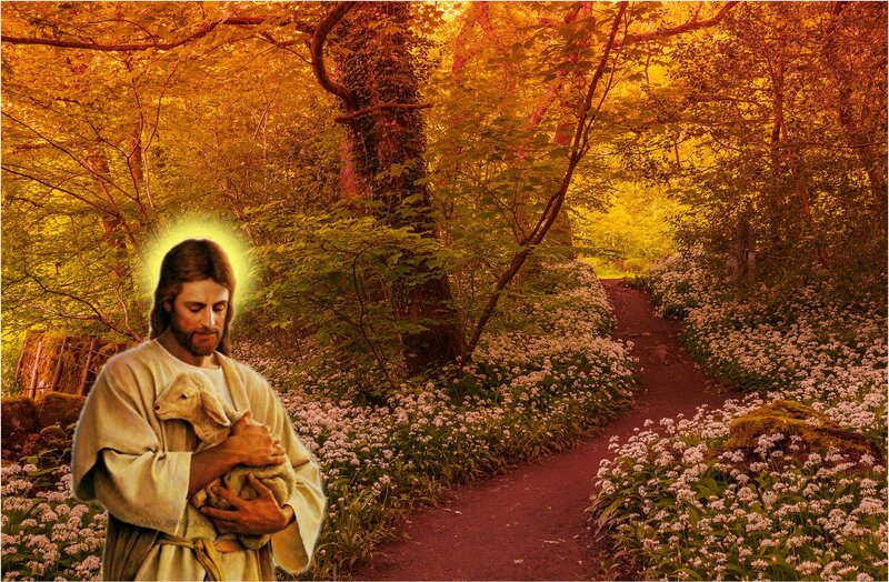 Jesus Holding Lamb — Gold, Serene, Autumn