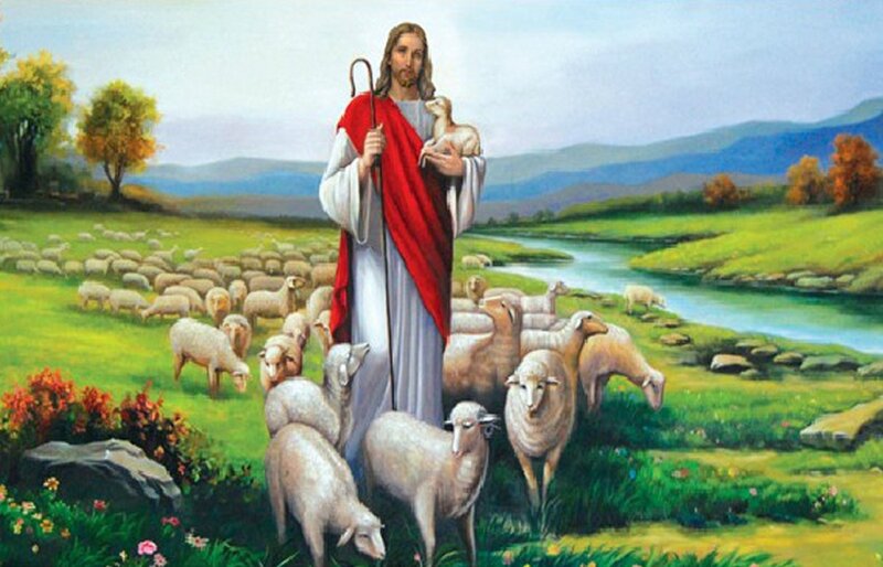 Jesus Holding Lamb — Green, Serene, Afternoon, Painting, Sheep