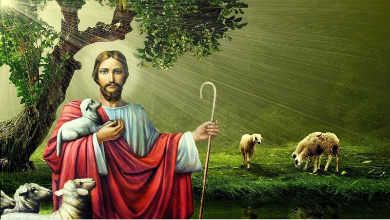 Jesus Holding Lamb — Green, Serene, Morning, Digital Art, Shepherd's Staff