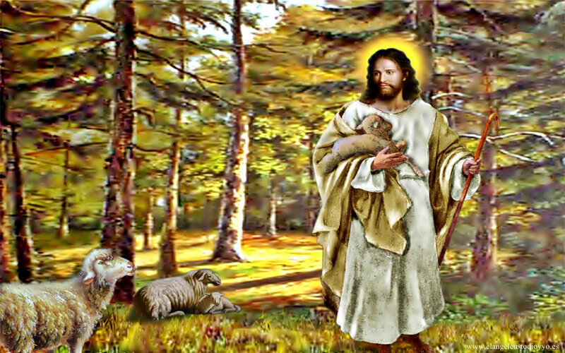 Jesus Holding Lamb — Green, Serene