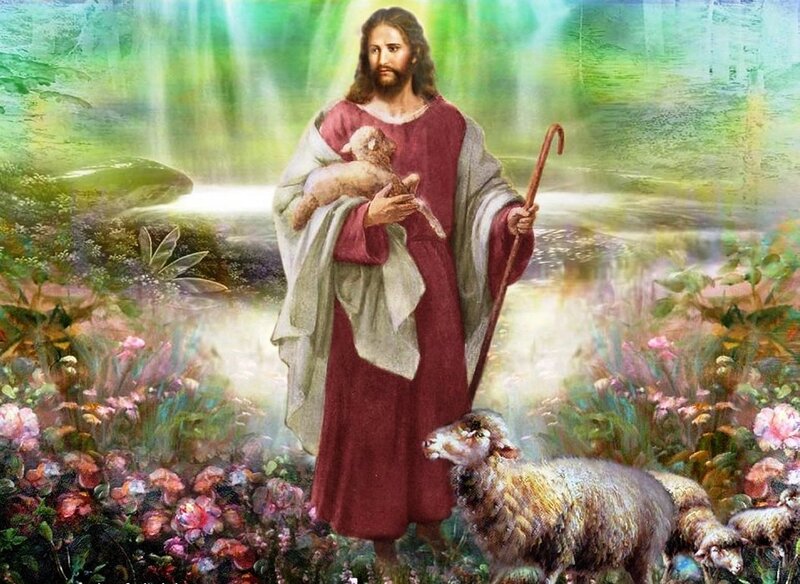 Jesus Holding Lamb — Red, Serene, Painting