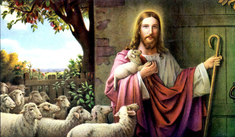 Jesus Holding Lamb — Red, Serene