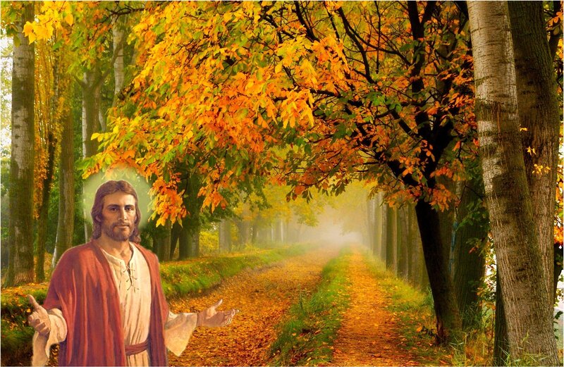 Jesus in Autumn Forest — Yellow, Serene, Digital Art