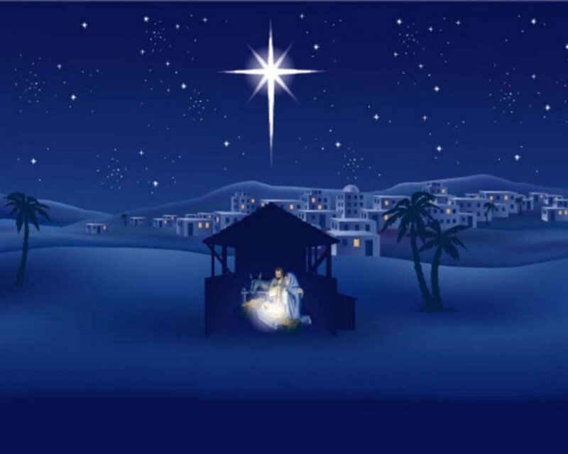 Jesus in Manger — Blue, Serene, Night, Illustration