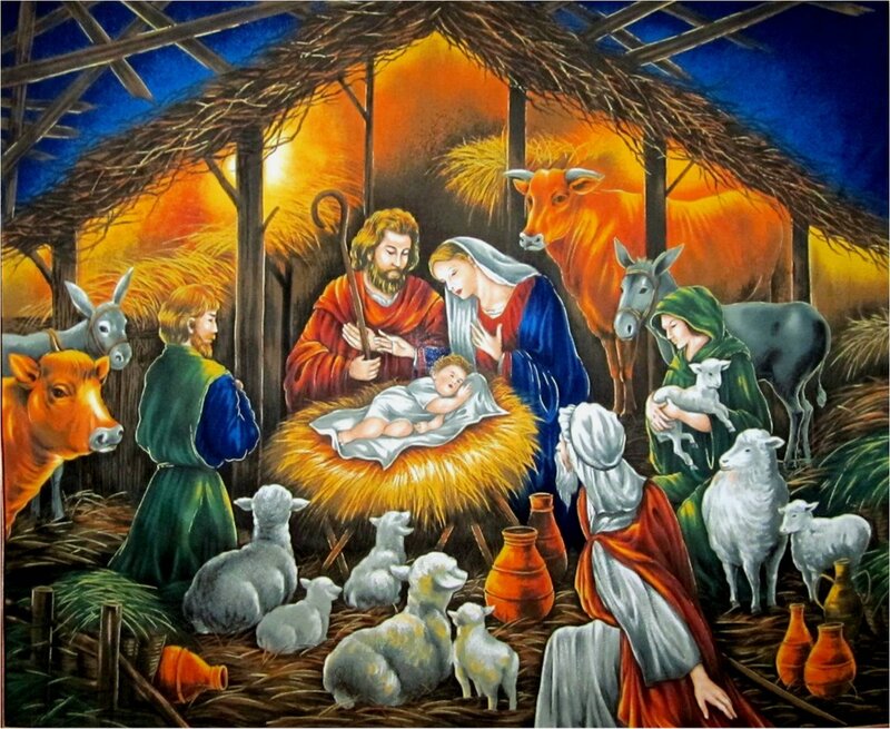 Jesus in Manger — Blue, Serene, Night, Painting, Mary, Joseph