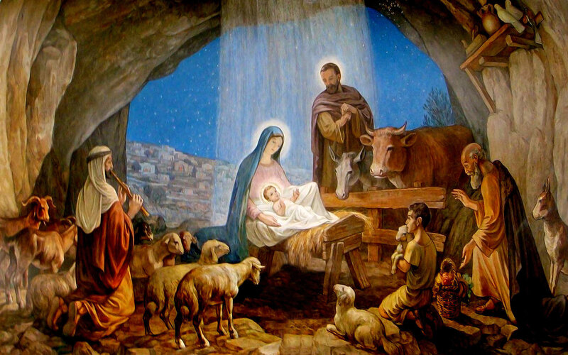 Jesus in Manger — Blue, Serene, Night, Painting