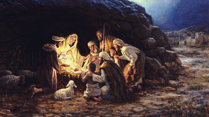 Jesus in Manger — Brown, Serene, Night, Painting