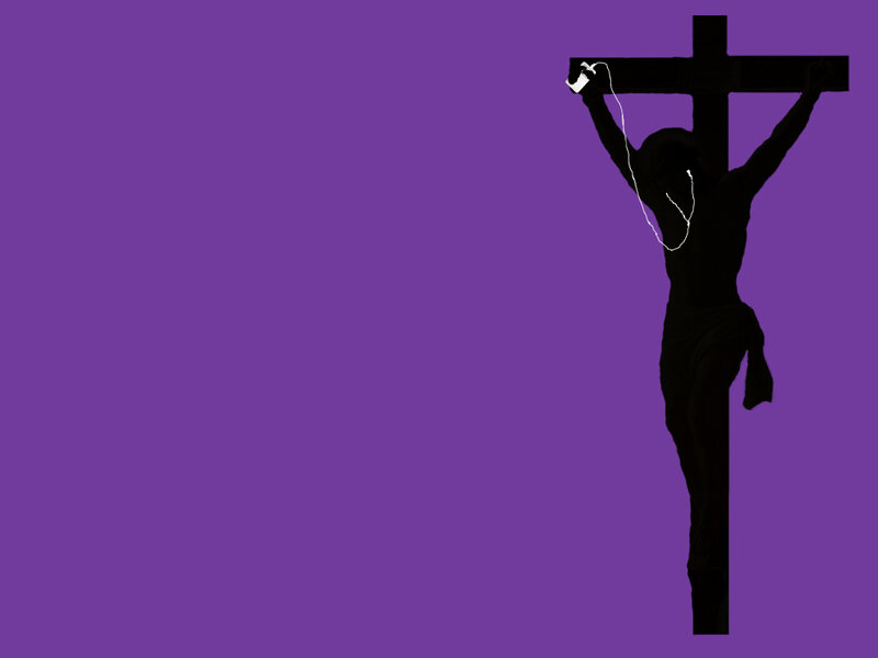Jesus on the cross with earbuds