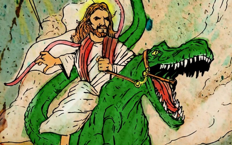 Jesus Riding Dinosaur — Green