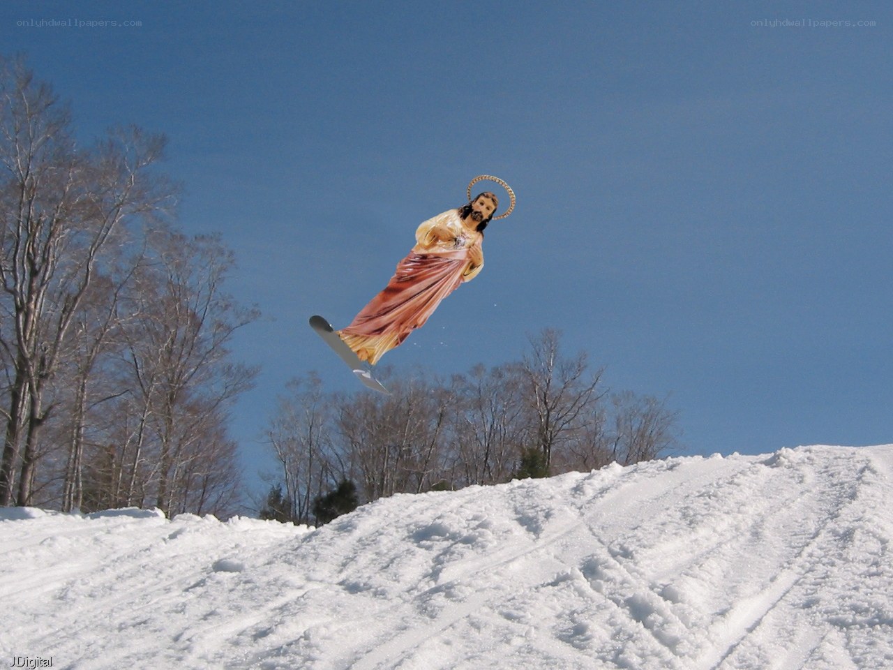 Jesus snowboarding in mid-air
