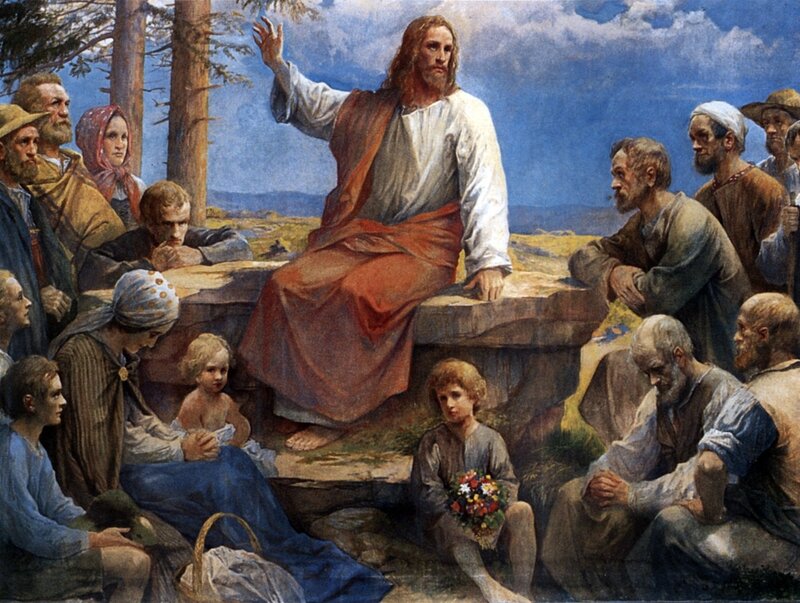 Jesus Teaching a Crowd — Blue, Serene, Afternoon
