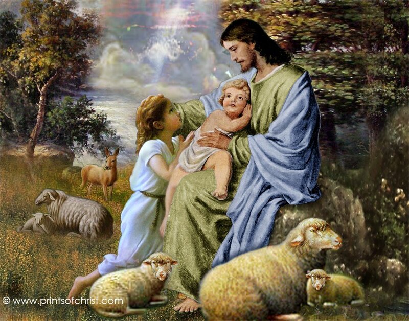 Jesus with Children and Sheep — Green
