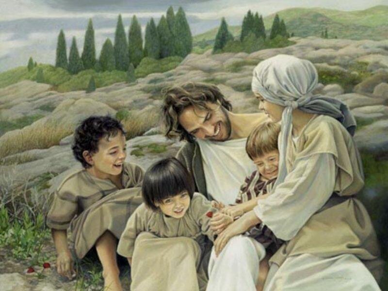 Jesus with Children — Green, Peaceful