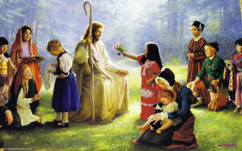 Jesus with Children — Green, Serene, Afternoon, Painting
