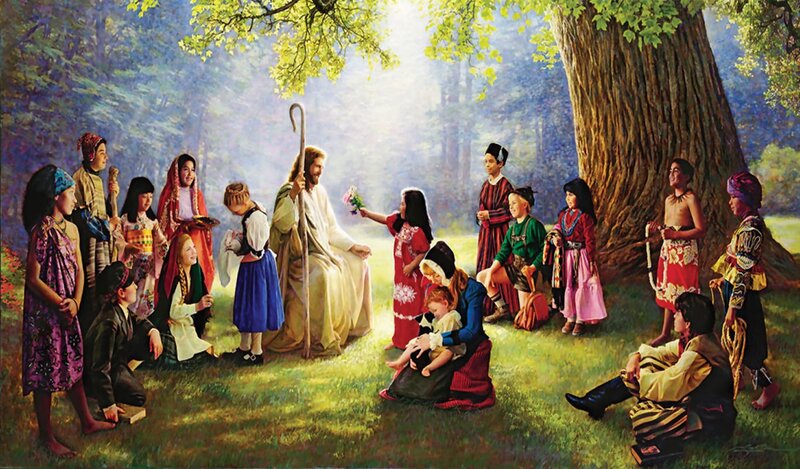 Jesus with Children — Green, Serene, Afternoon, Painting, Tree, Staff