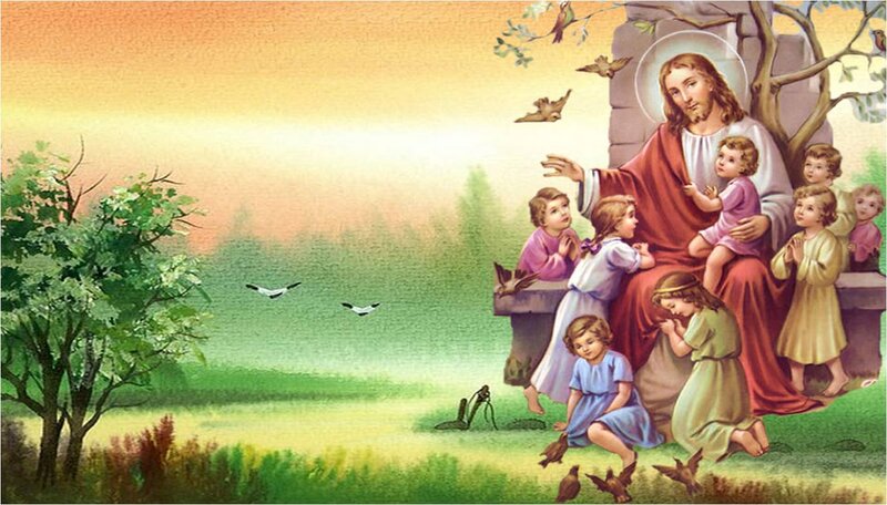 Jesus with Children — Green, Serene, Sunset