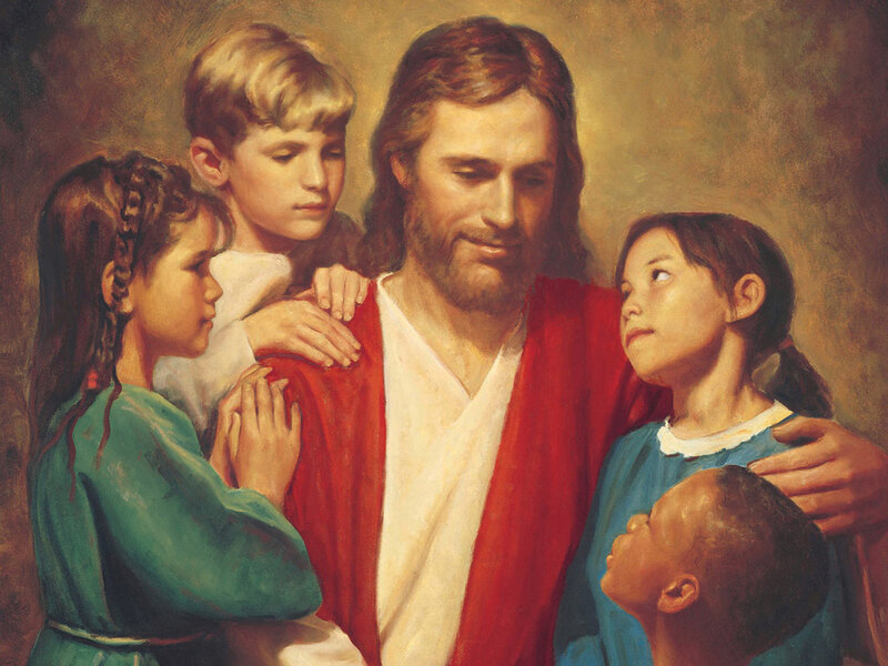 Jesus with Children — Red, Serene, Painting