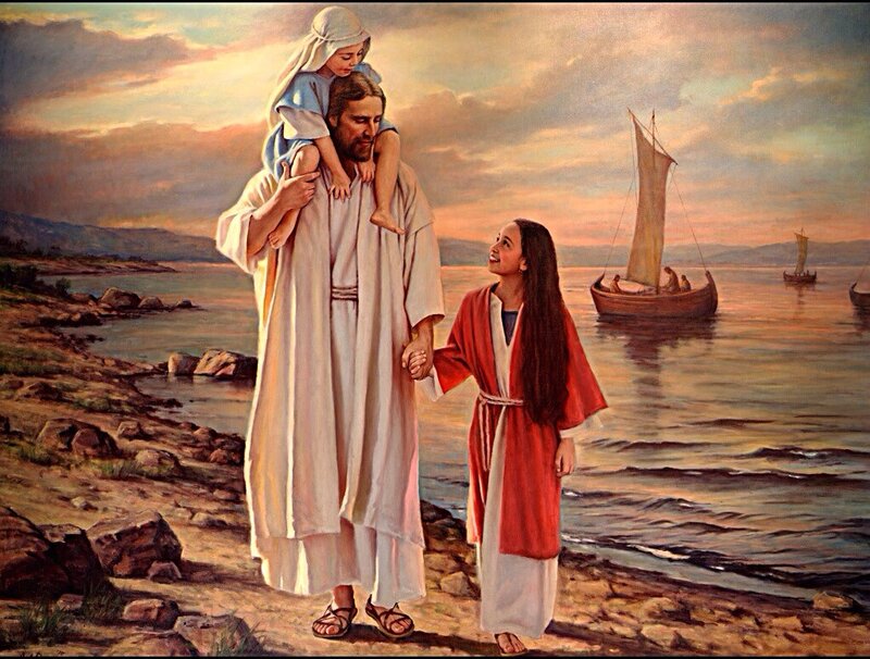 Jesus with Children — White, Serene, Sunset