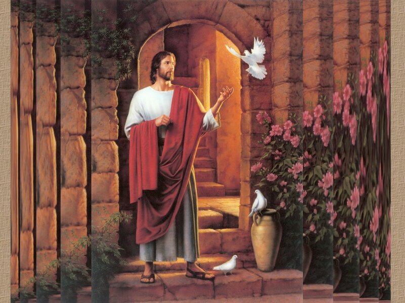 Jesus with doves in stone archway