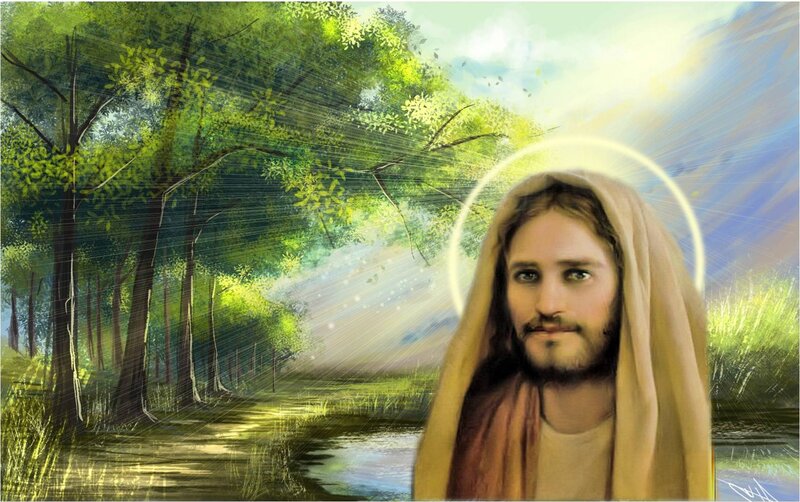 Jesus with Halo — Green, Serene, Morning