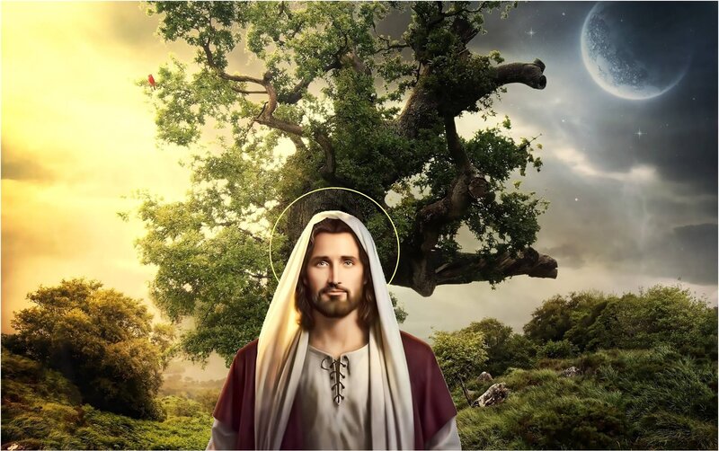 Jesus with Halo — Green, Serene, Night