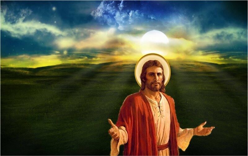 Jesus with Halo — Green, Serene, Sunset
