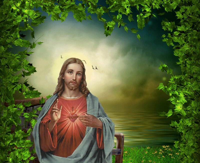 Jesus with Sacred Heart — Green, Serene, Night