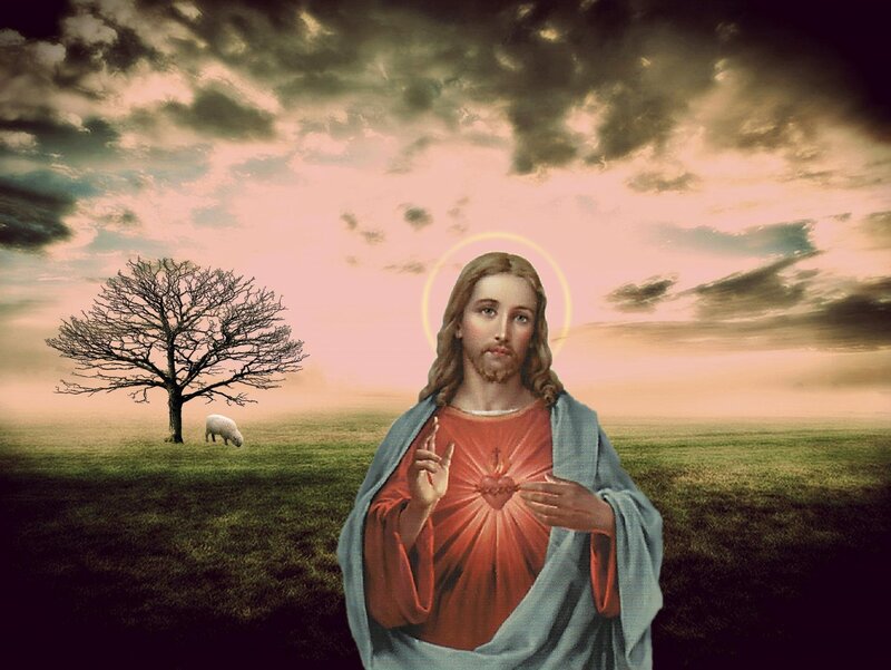 Jesus with Sacred Heart — Red, Dramatic, Sunset, Digital Art