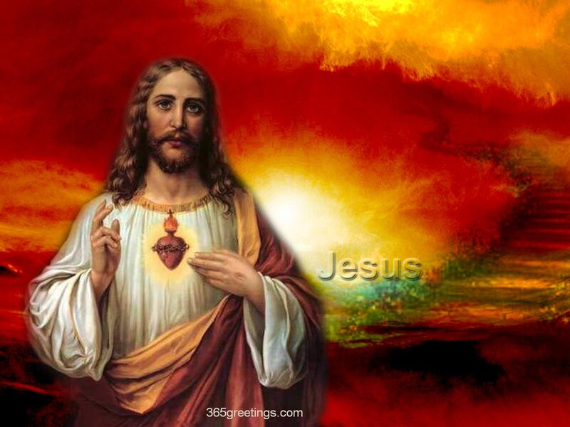 Jesus with Sacred Heart — Red, Dramatic, Sunset