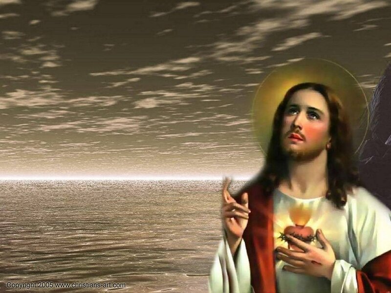 Jesus with Sacred Heart — White, Serene, Sunset
