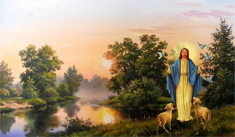 Jesus with Sheep and Doves — Blue