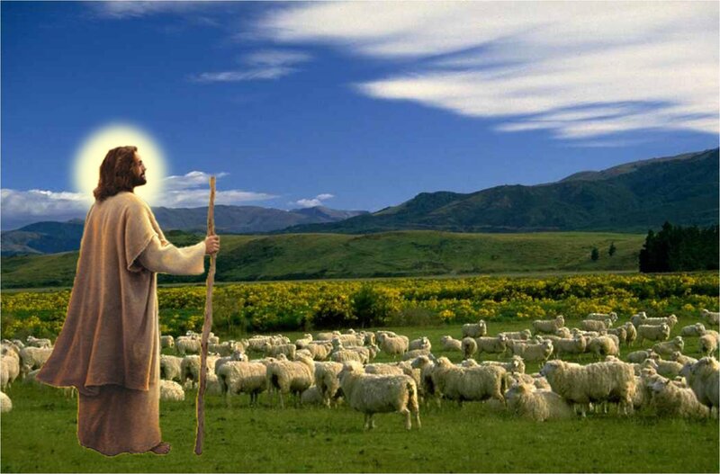 Jesus with Sheep — Green, Serene, Afternoon, Digital Art