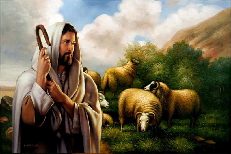 Jesus with Sheep — Green, Serene, Afternoon, Painting, Shepherd