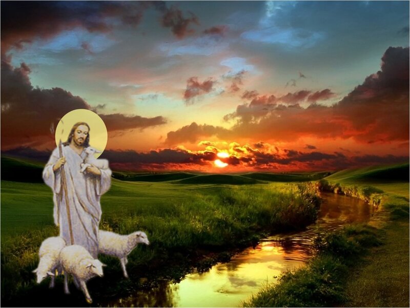 Jesus with Sheep — Green, Serene, Sunset, Digital Art, River