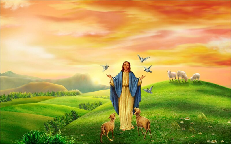 Jesus with Sheep — Green, Serene, Sunset, Digital Art