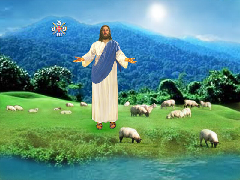 Jesus with Sheep — Green, Serene