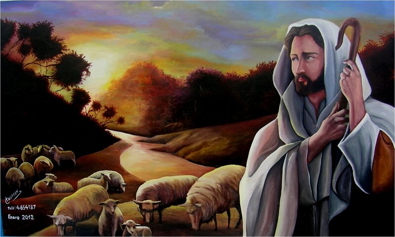 Jesus with Sheep — White, Serene, Sunset
