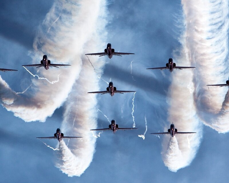 Jet Aircraft Formation — Blue, Dramatic, Photograph