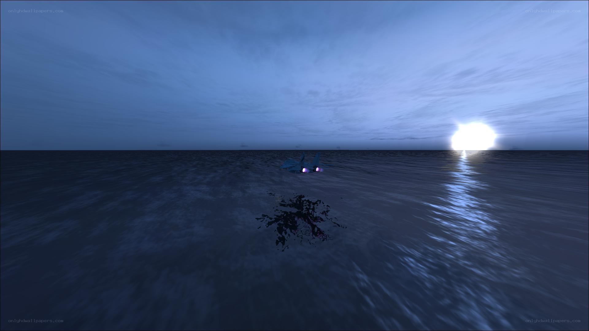 Jet crash in ocean at dusk