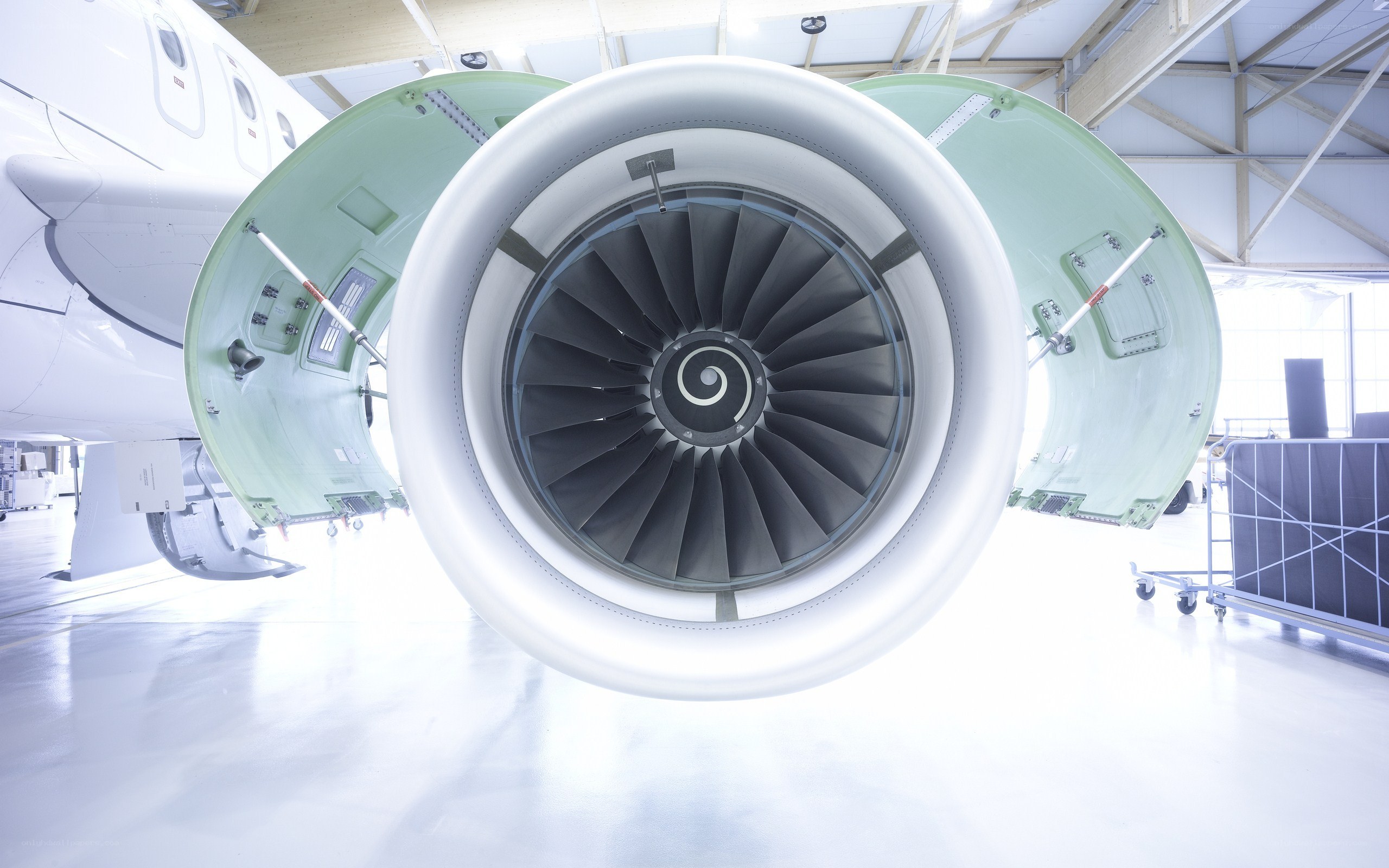 Jet engine in aircraft hangar