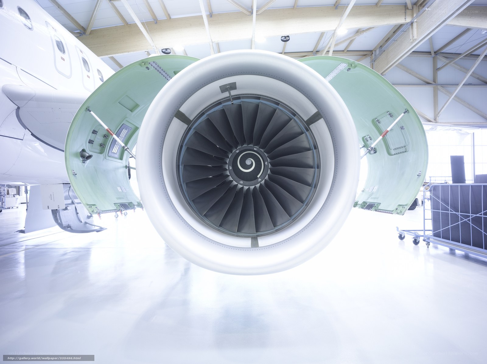 Jet engine in aircraft hangar