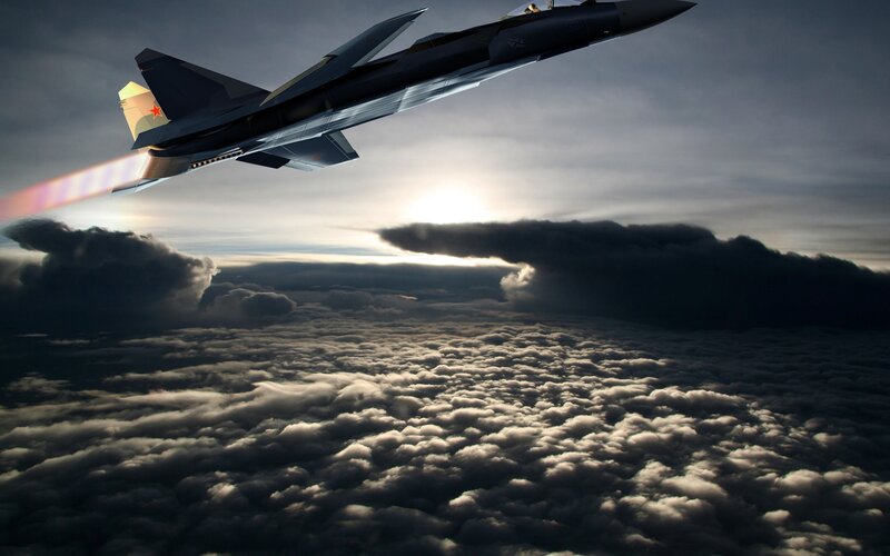 Jet fighter above clouds