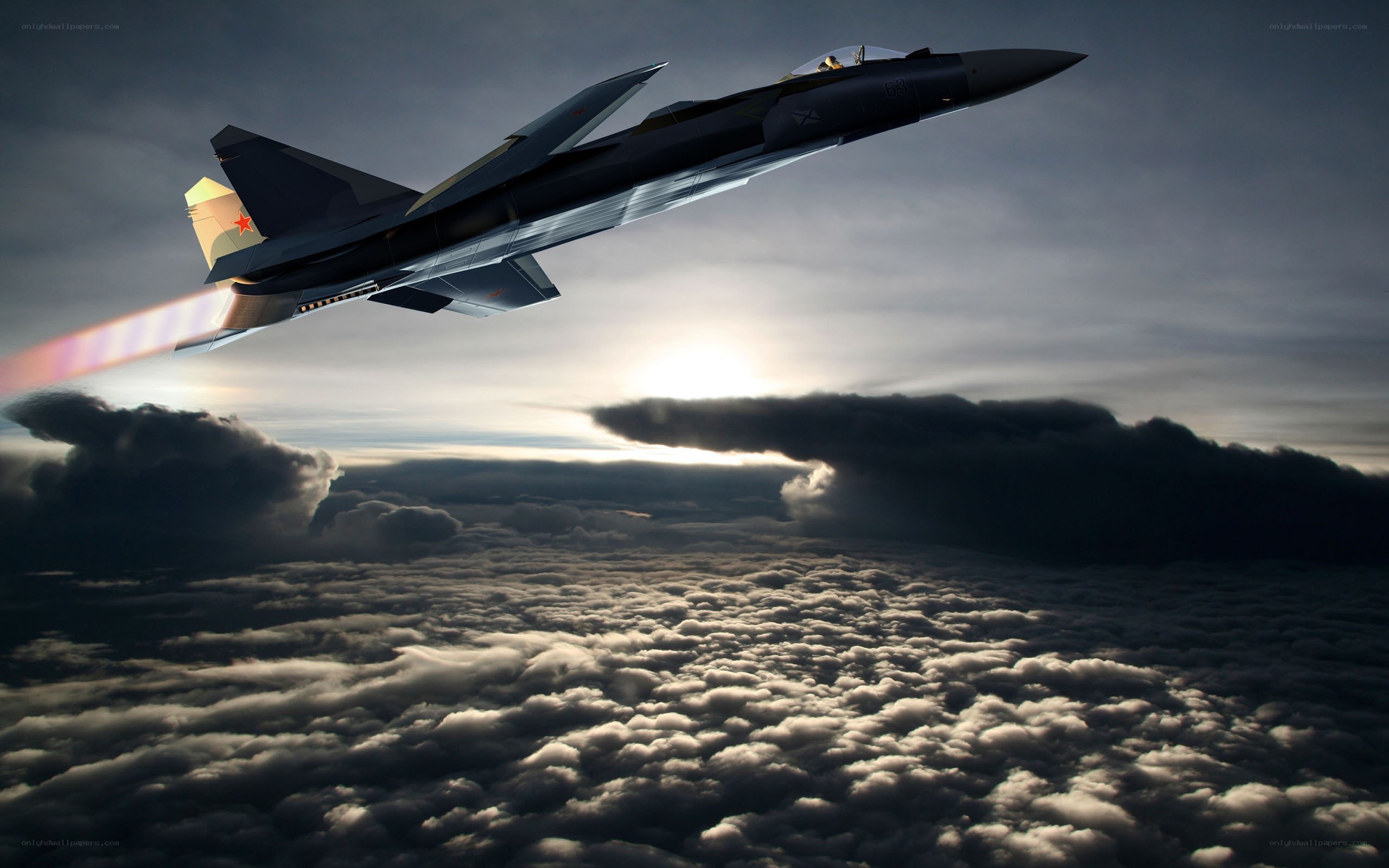 Jet fighter above clouds